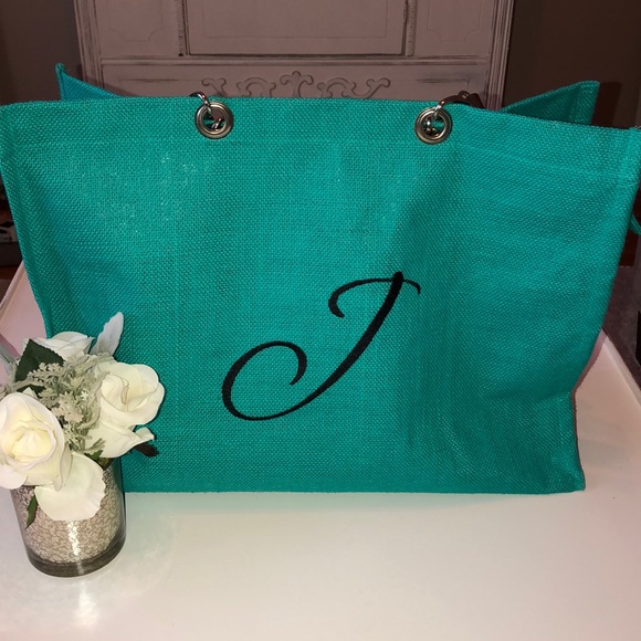 Home Essentials Handbags - Beautiful Teal Jute Bag w/Leather Handles
